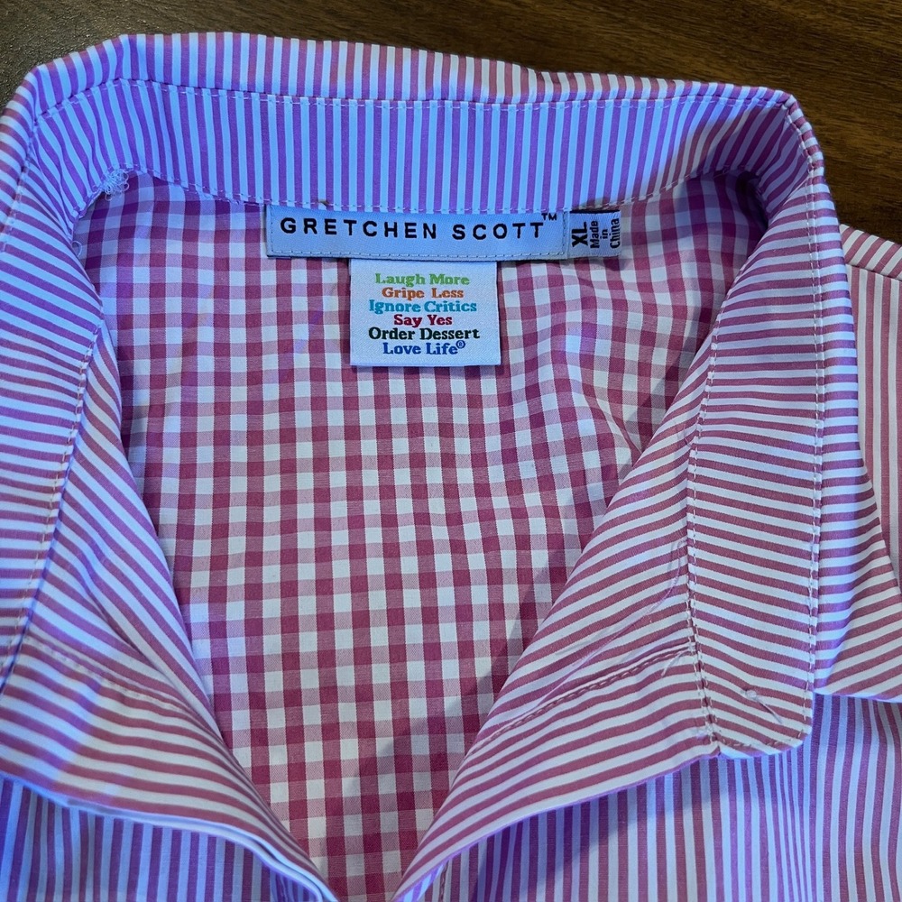 Gretchen Scott Pink and White Striped Shirt Dress XL 3/4 Sleeve Belted Pockets - Picture 5 of 13
